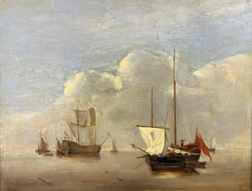 Shipping in Calm Waters, 1700 - 1799 Dutch Oil on Wood Panel, Man o War