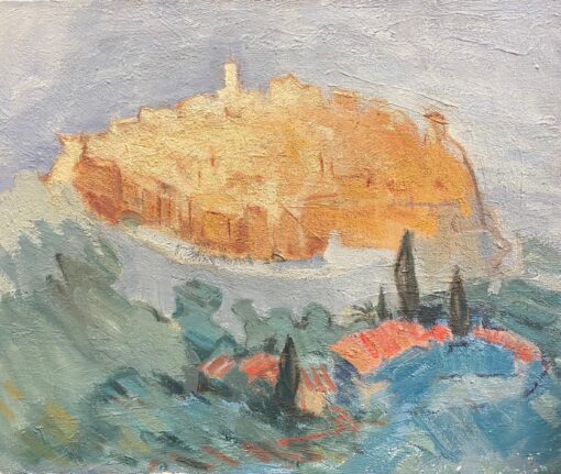 1900-1999 German Modernist Oil Painting Hill Perched Village in the Clouds