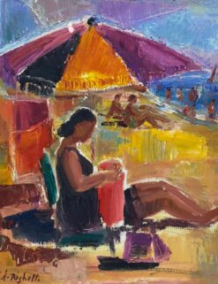 Original French Mid Century Oil - Bright & Vibrant Sunbathing Beach Portrait