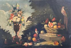 Huge 1800-1899 Italian Classical Still Life Ornamental Birds Fruit & Flowers