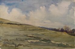 1900's English Impressionist Watercolor Painting Silent Cloudy Meadow