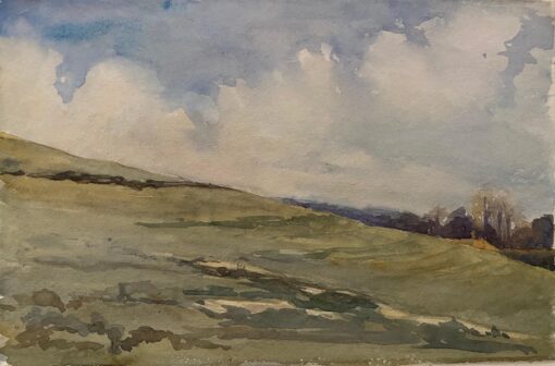 1900's English Impressionist Watercolor Painting Silent Cloudy Meadow