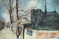 1960's French Signed Oil Painting Bouquinistes River Seine Notre Dame Paris