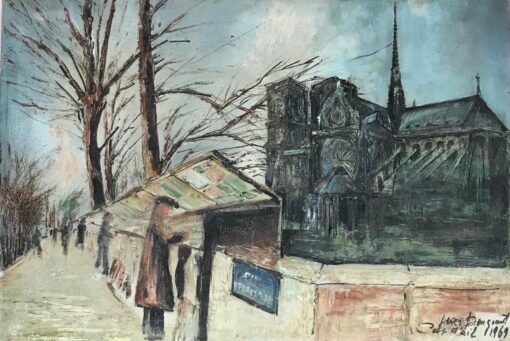 1960's French Signed Oil Painting Bouquinistes River Seine Notre Dame Paris