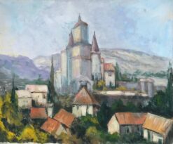 Vintage French Mid 1900-1999 Oil Castle Chateau overlooking Landscape & Town