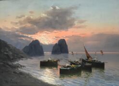 Fishing Boats at Sunset off the Neapolitan Coastline, large signed oil painting