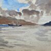 Mid 20th C. Irish Artist Watercolor Painting - Vigo Spain Coastal Landscape Boat