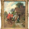 Fine Victorian Oil Huntsman on Horseback outside Village Tavern with Hounds