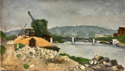 1900-1930 French Impressionist Signed Oil Industrial River Landscape