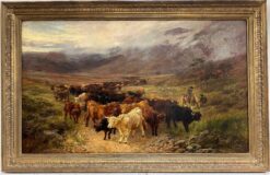 Huge Victorian Scottish Oil Painting Highland Cattle in Misty Mountain Glen 1873