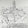 1950's Modernist/ Cubist Painting - Drawing Church and houses