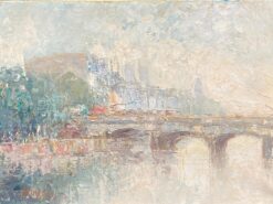 Pont Neuf Paris Misty River Seine Scene, French Expressionist Signed Oil