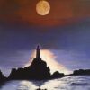 Lighthouse at Night, Silhouette Landscape Large Signed Oil Painting