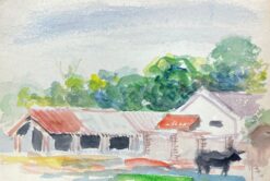 Colourful Abstract, French Expressionist Original Painting Farm Buildings