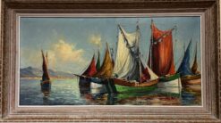 Huge 1950's French Oil Sleepy Med Fishing Boats Harbour Coastal Sunny Scene