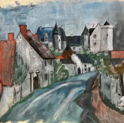 1950's Modernist/ Cubist Painting - Cloudy Town Landscape