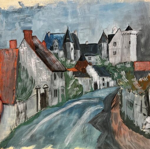 1950's Modernist/ Cubist Painting - Cloudy Town Landscape