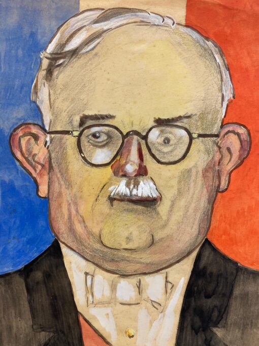 1960's French Portrait Wise Man In Front Of French Flag Caricature
