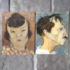Pair of French Character Portraits, Brown and Navy Backgrounds