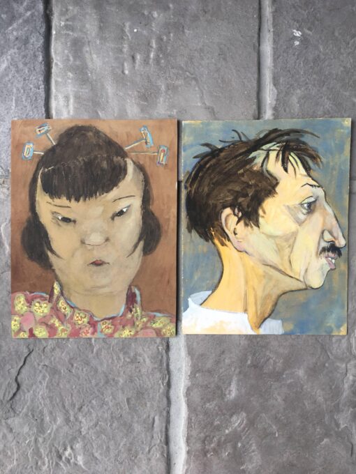Pair of French Character Portraits, Brown and Navy Backgrounds