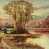 1900-1930 French Siged Oil Two Figures Autumn Landscape by Lake