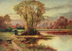 1900-1930 French Siged Oil Two Figures Autumn Landscape by Lake