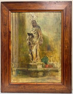 1930's French Signed Oil Portrait of a Statue outside Church Courtyard