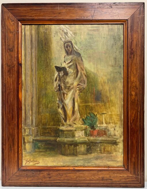 1930's French Signed Oil Portrait of a Statue outside Church Courtyard