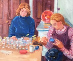 Two Ladies Working at the Kitchen Table - Oil Painting Impressionist