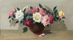 Large 1900-1999 French Impressionist Signed Oil - Beautiful Roses in Bowl