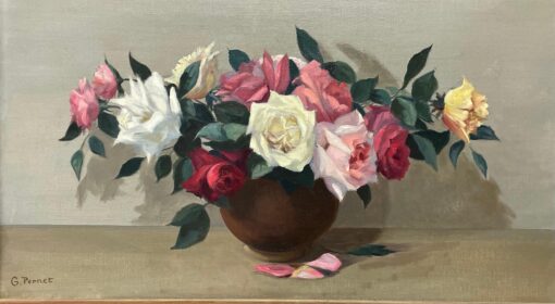 Large 1900-1999 French Impressionist Signed Oil - Beautiful Roses in Bowl