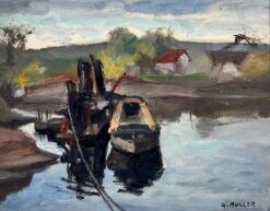 Mid 1900-1999 German Signed Oil Moody & Atmospheric Boats on River, signed