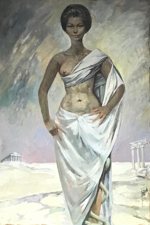 Huge 1960's French Oil Portrait of Roman/ Greek Semi Nude Lady Classical Ruins