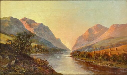 Antique Scottish Highlands Oil Painting Golden Harvest Field by the River Bank