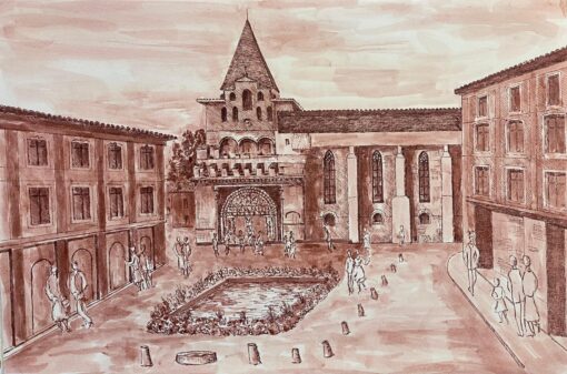 1950's French Modernist/ Cubist Painting - Busy French Town Square
