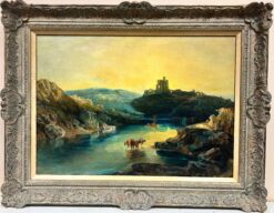 Sunset over Mountain Lakes Cattle Watering from Water Large Tranquil Oil Canvas