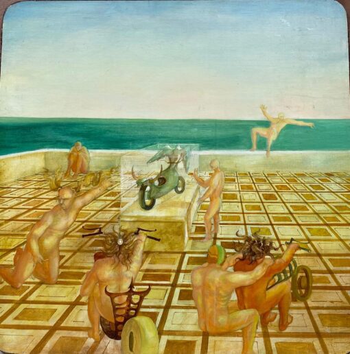 French Surrealist Oil Painting Figurative Scene Male Nudes in Desert
