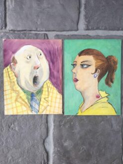 Pair of French Character Portraits, Purple and Green Backgrounds