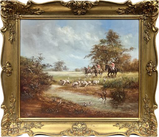 Classic English Fox Hunting with Hounds crossing Stream Rural Fields Signed Oil