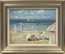 French Impressionist Oil Elegant Figures on Beach Parasols & Tents