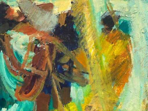 1960's French Expressionist Abstract Painting Blur of Orange Green & Brown Color