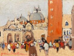 Piazza San Marco Venice, Busy Figures in Square, Signed French oil