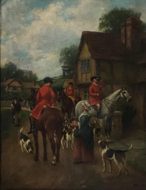 Fine Victorian Signed Oil Huntsman & Hounds taking Refreshments Village Tavern