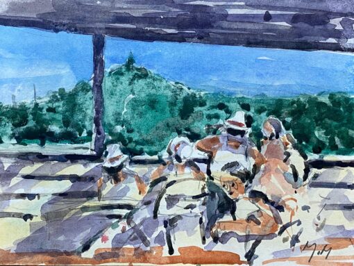 FRENCH IMPRESSIONIST VIBRANT WATERCOLOUR - FIGURES CHATTING