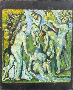 Large French Expressionist Oil Painting Nude Bathers in Woodland