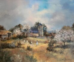 Children Playing in Orchards Blossom on Trees Signed French Impressionist Oil