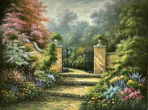 Huge Impressionist Oil Painting Country Garden with Gates Abundant Flowers