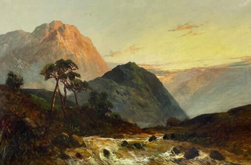Antique Scottish Highlands Oil Painting Sunset River Landscape with Mountains