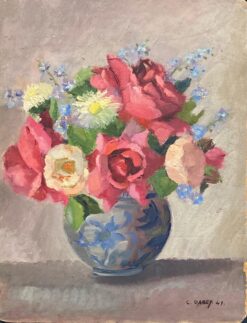 1940's Vintage French Flower Painting Still Life Roses in Vase, signed