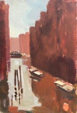 1900-1999 German Modernist Oil Painting Canal Backwater Rust Colors